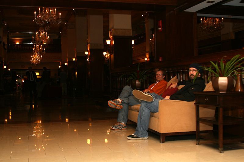 Forest and TJ kicking back in the lobby before dinner.