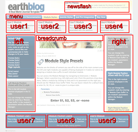 Joomlashack Earthblog Joomla template module positions
