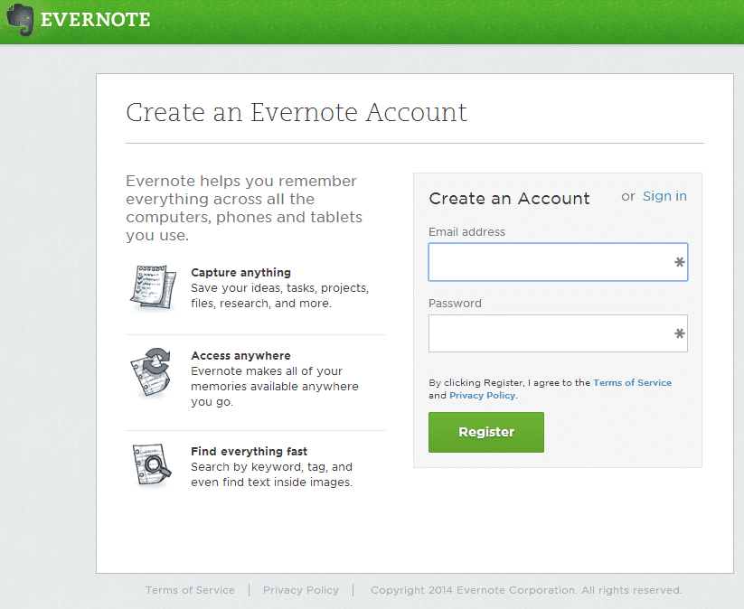 landing evernote