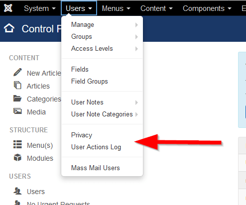 admin menu privacy user actions log