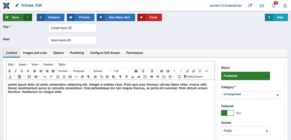 article Joomla 4 admin screen