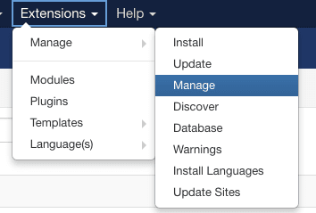 The manage link for Joomla extensions