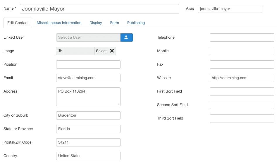 joomla contact form admin fields