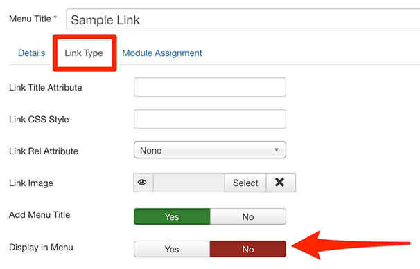 Display in menu option in Joomla