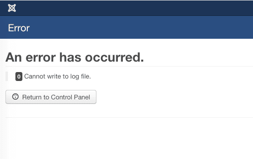 Cannot write to log file error in Joomla