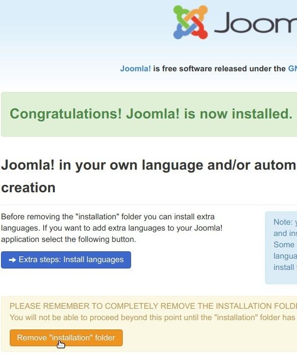 joomla installation done click remove installation folder 
