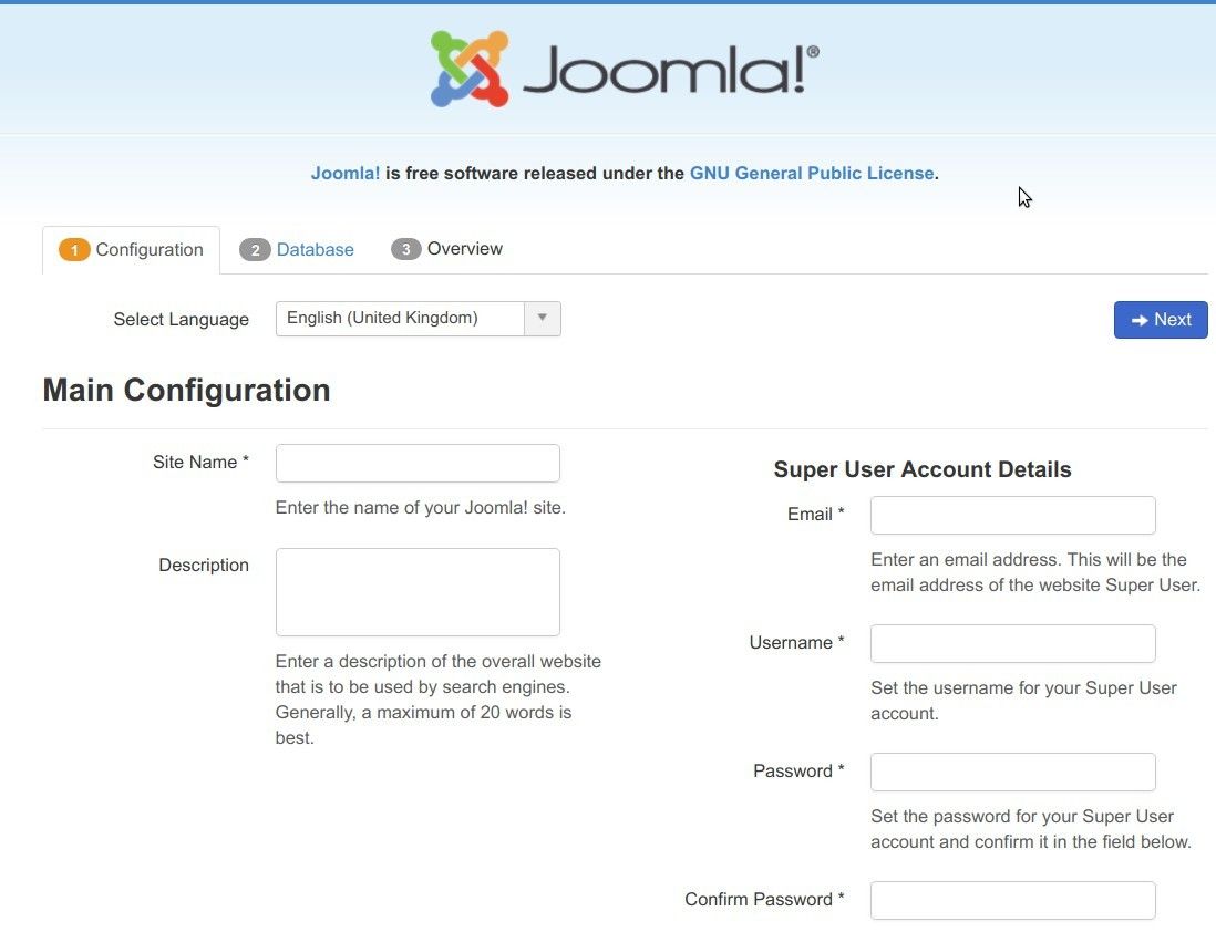 joomla installation screen