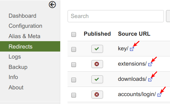 External URL icon at SEF Advance backend