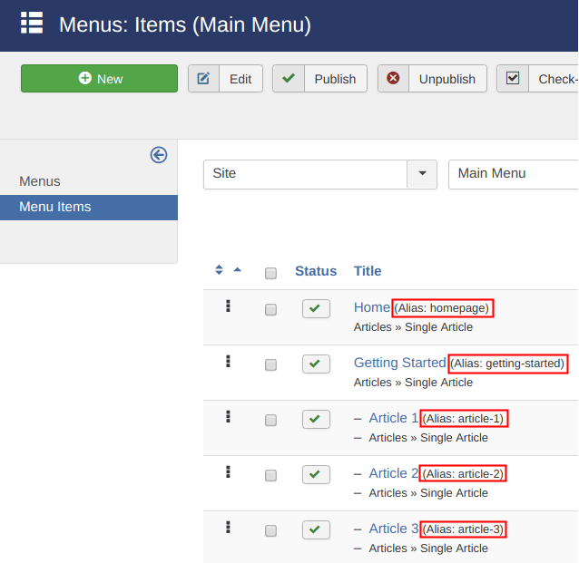aliases in menu items