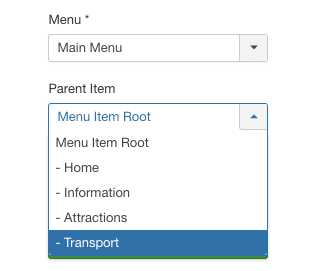 In the 'Parent Item' dropdown, choose 'Transport'