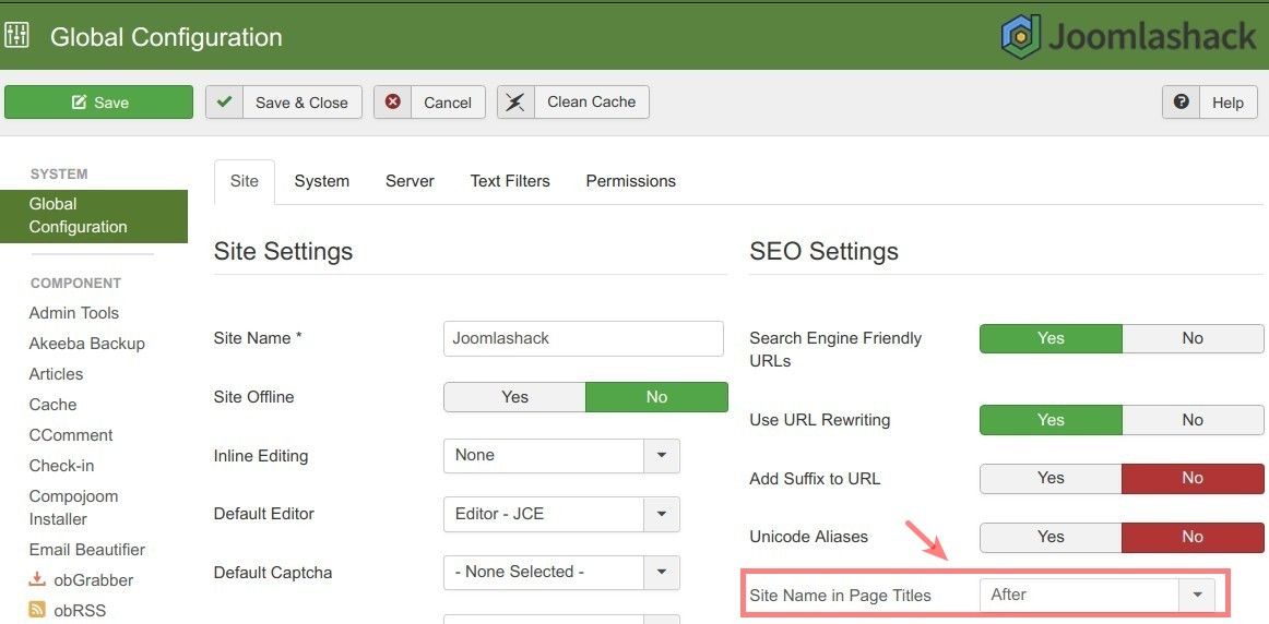 the site title setting in joomla global configuration