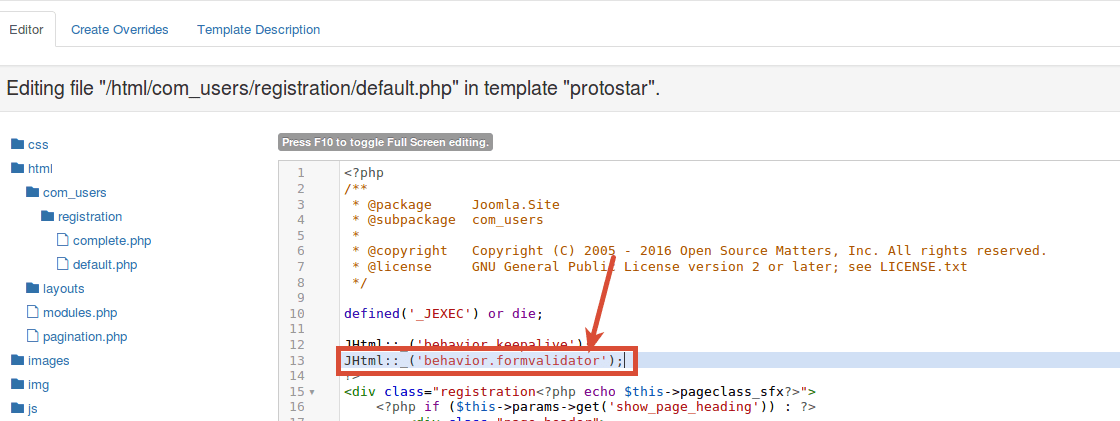 Code for the Joomla registration form