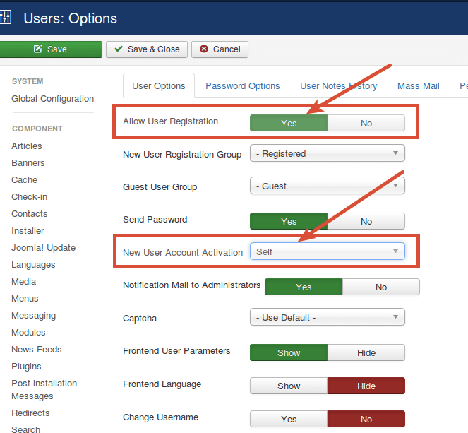 Enable Joomla registration