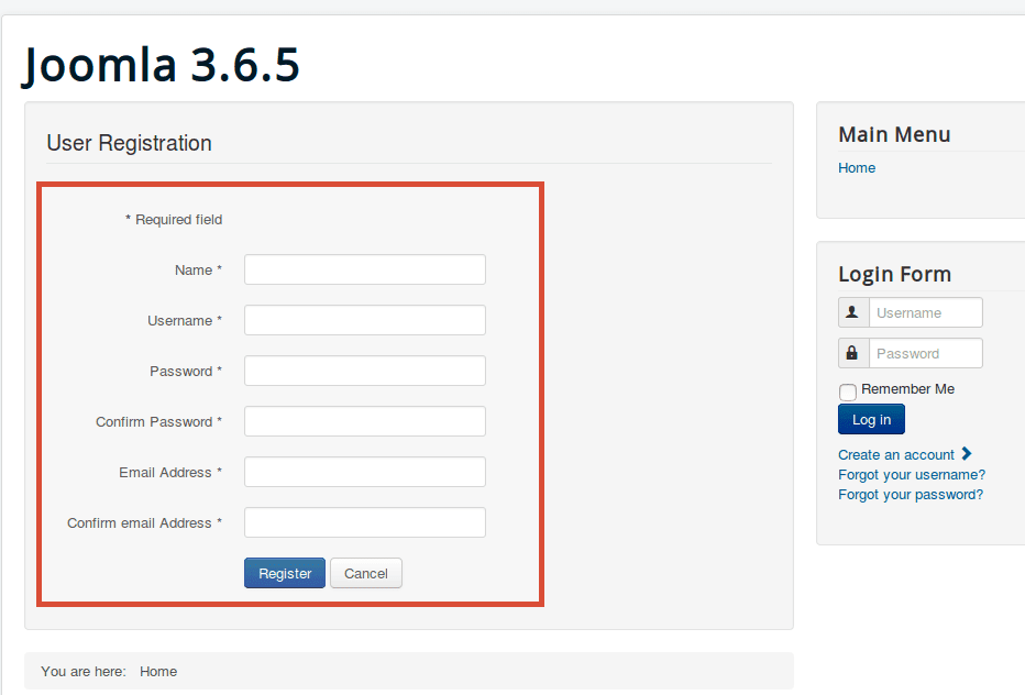 Default Joomla registration form