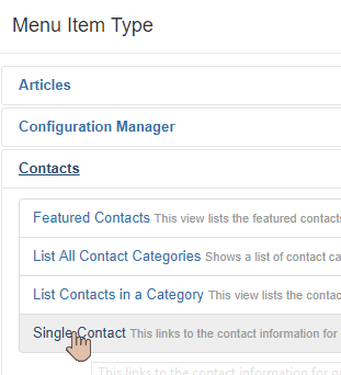 For the menu item type, choose Contacts and then Single Contact
