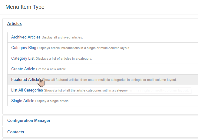 menu item type featured articles