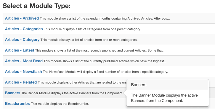 You see a screen where you can decide which type of module to create. Click Banners