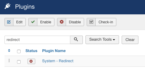 Type Redirect into the Search box, and you’ll see the System - Redirect plugin
