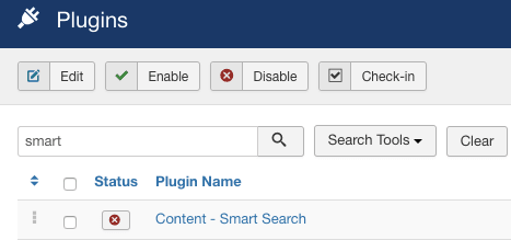 Search for and enable the Content - Smart Search plugin