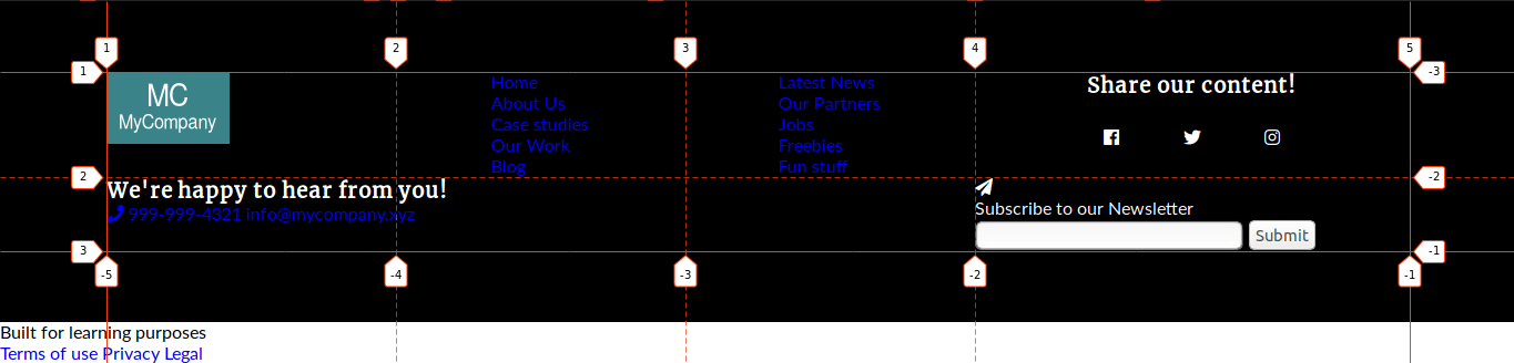 Place the title and social media icons on their corresponding spot on the grid