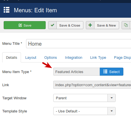 set the menu item type to the featured articles