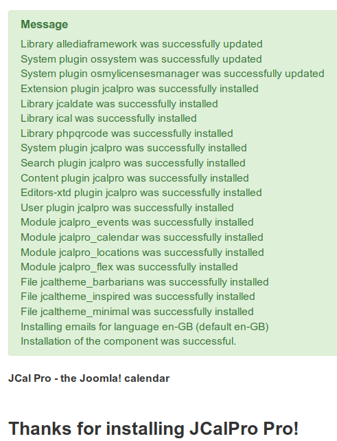 JcalPro Joomla extension installation success
