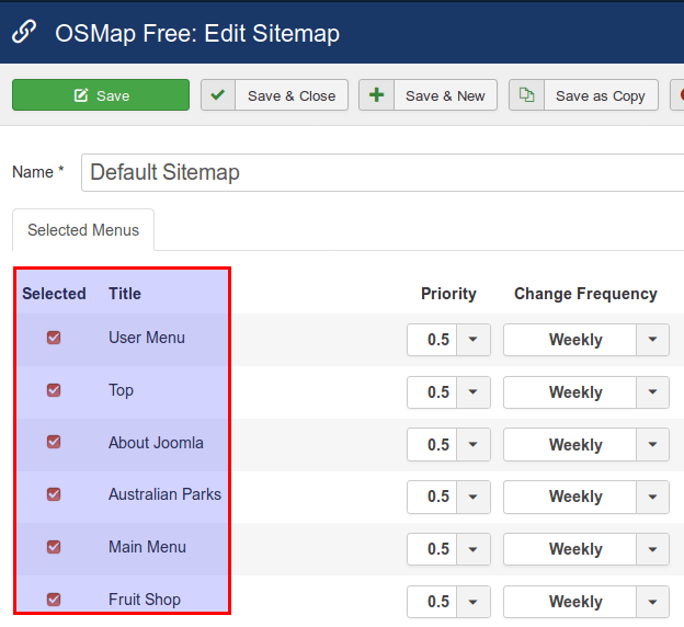 unselect sitemap menu items