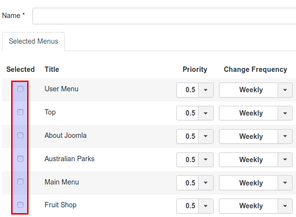 select a required menu item for the new sitemap