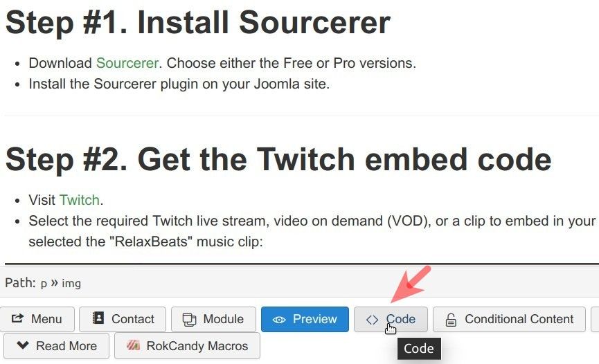 the code button on the jce editor