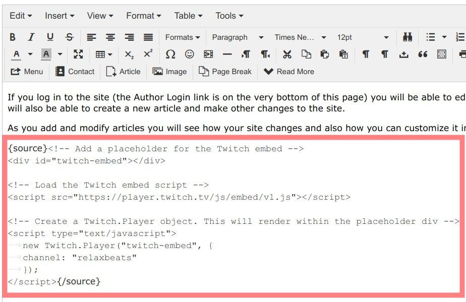 the embed code inside the article
