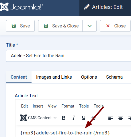 mp3 file name in joomla article