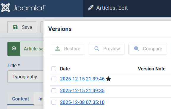 the current version marked with star