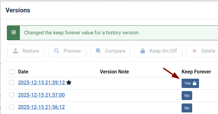the keep forever parameter set to yes