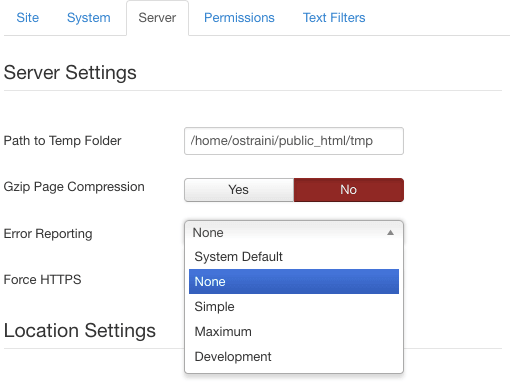 joomla error configuration