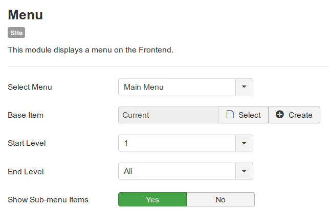 the sidebar menu module default settings