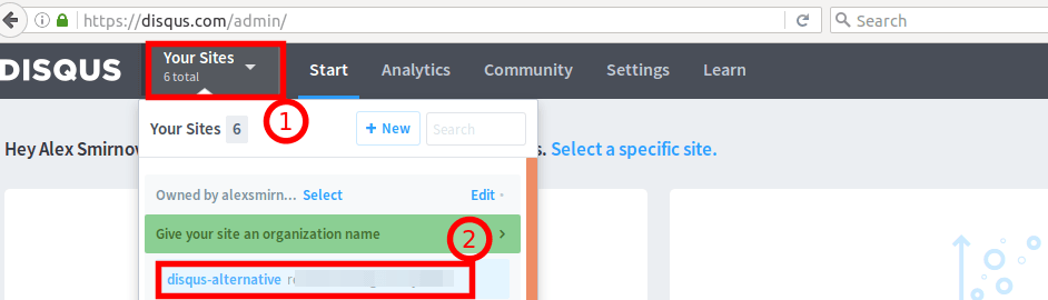 Select your site inside Disqus
