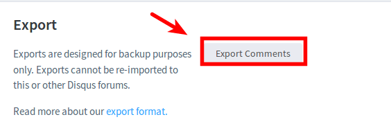 The export comments link inside Disqus