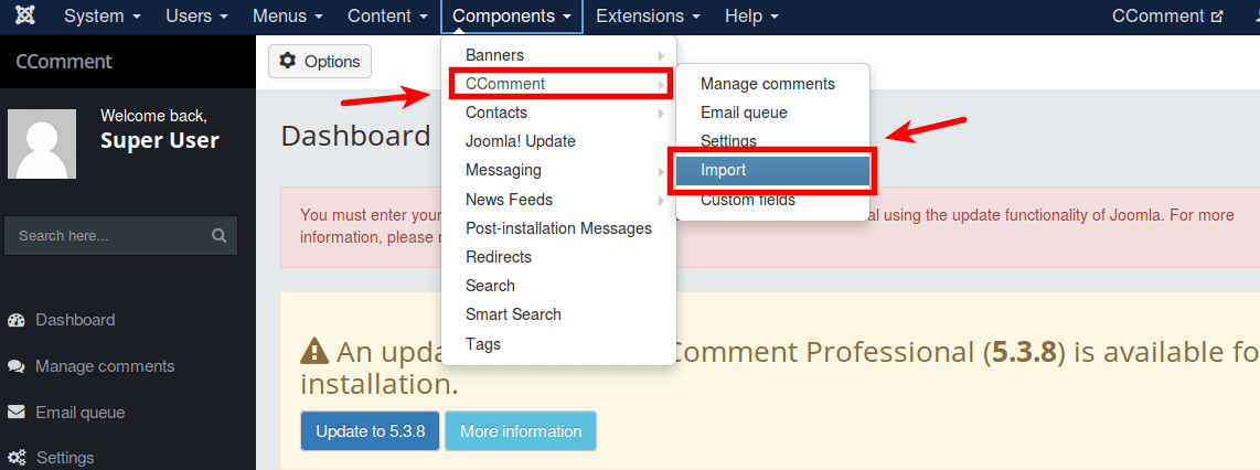 Ccomment import menu item inside Joomla