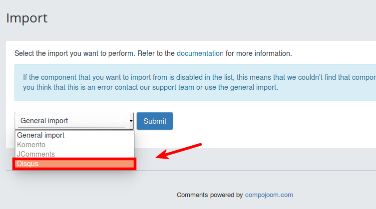 Disqus import option inside Joomla