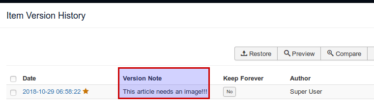 note in Joomla versions box