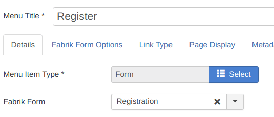 Fabrik form menu item