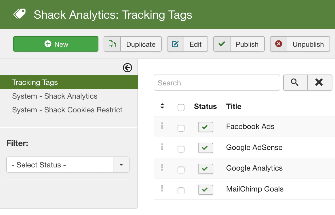 shack analytics codes in Joomla