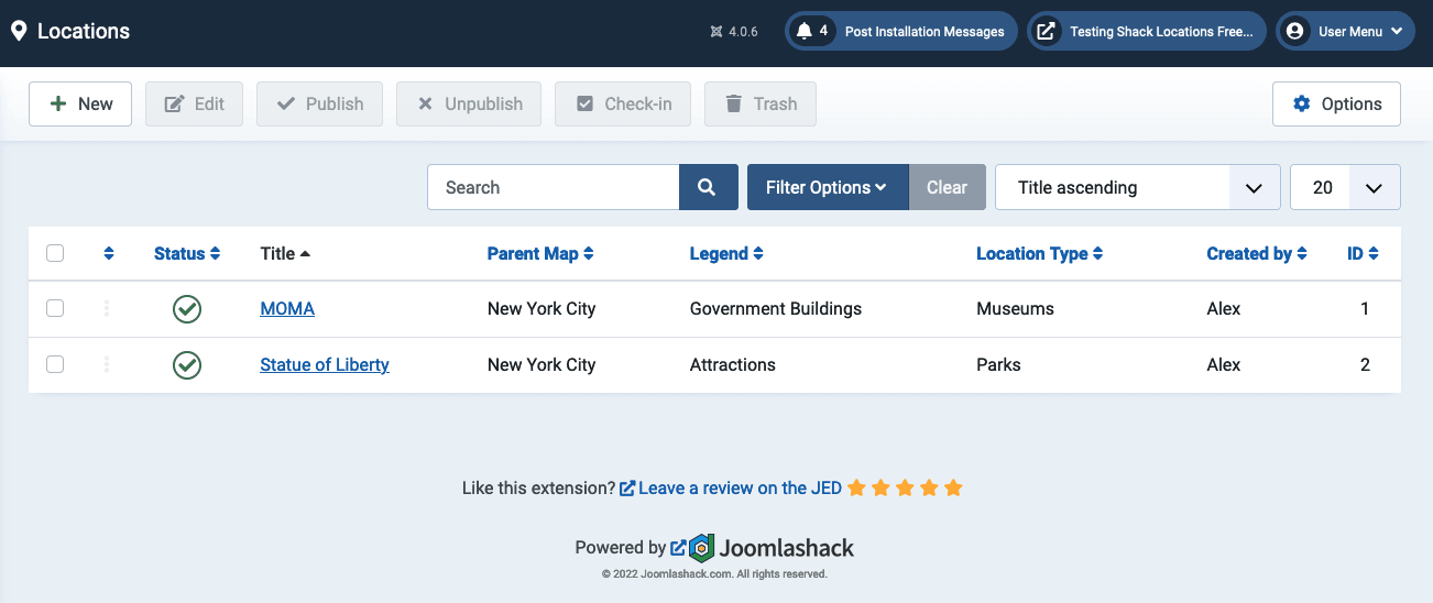 shack locations in the Joomla 4 admin area