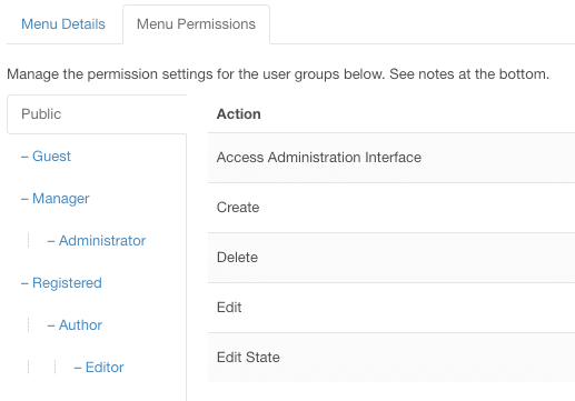 Permissions for editing Joomla menus