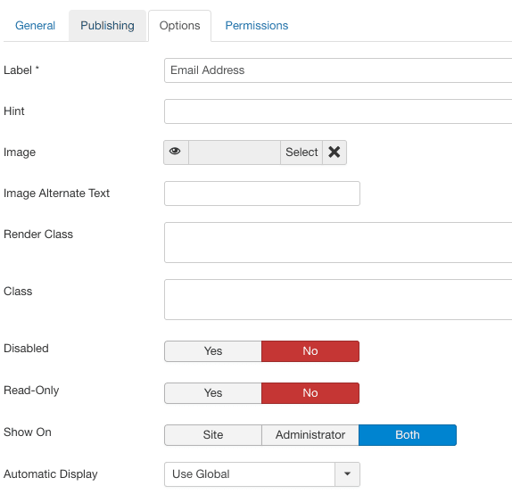 Väljade seaded Joomla versioonis 3.7