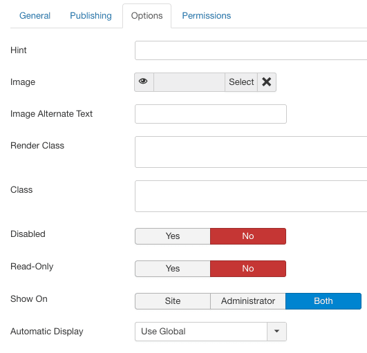 default options for fields in Joomla