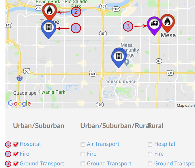 markers on central arizona ems region map