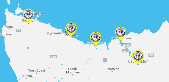 markers on the map of soroptimist clubs in tasmania