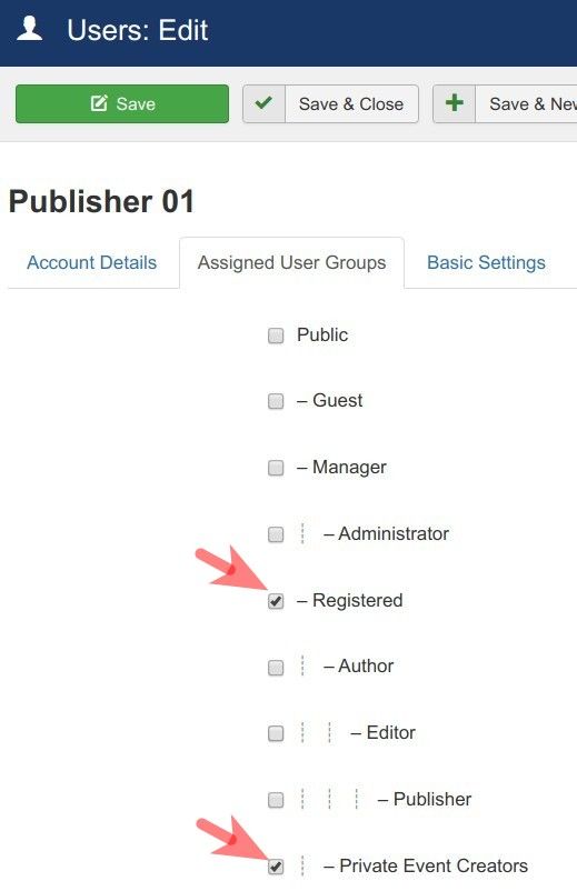 assign the user private event creators group