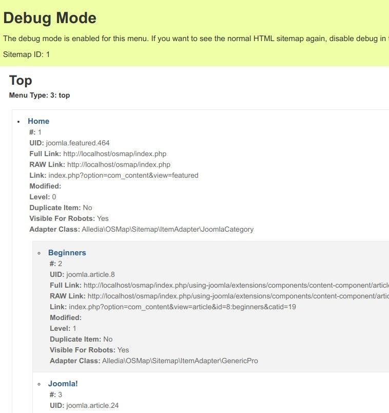 the debug mode page